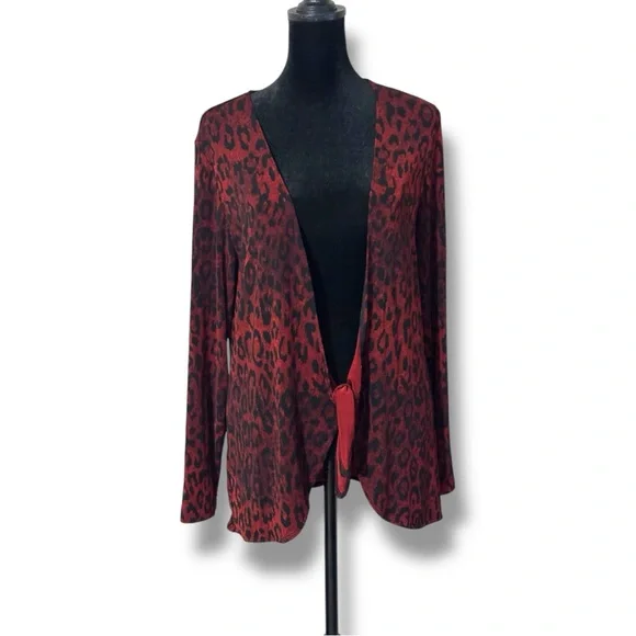 Chico’s (size 1) Bold Red Animal Print Tie Front Lightweight Cardigan Sweater - Picture 2 of 16